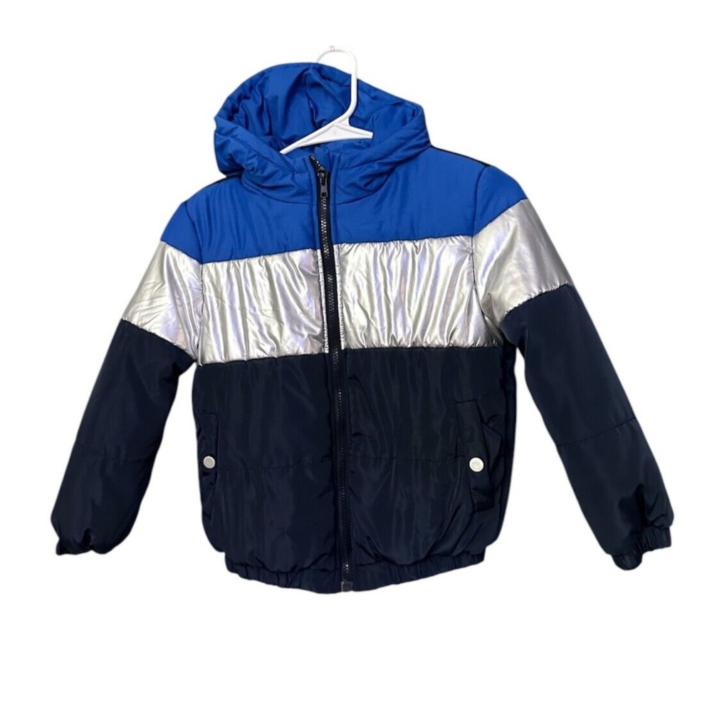 Boys Shein Blue Contrast Color Hooded Puffer Jacket Coat Size 9